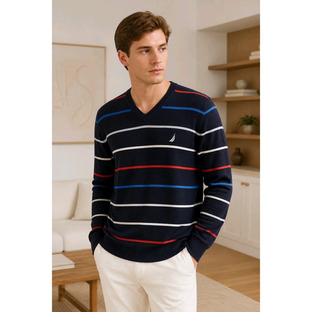 Nautica Mens Navy Blue‎ Striped V-Neck Cotton Wool Blend Sweater Large